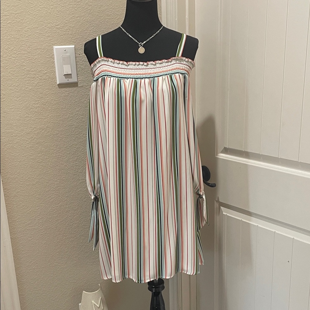 Off-Shoulder Striped Summer Dress in White, Green & Coral